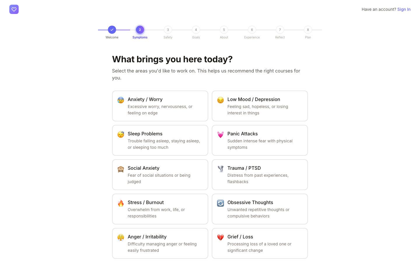 Digital Wellness Academy wellness onboarding wizard: mental health app capturing goals and baseline check-in on evidence-based digital wellness platform