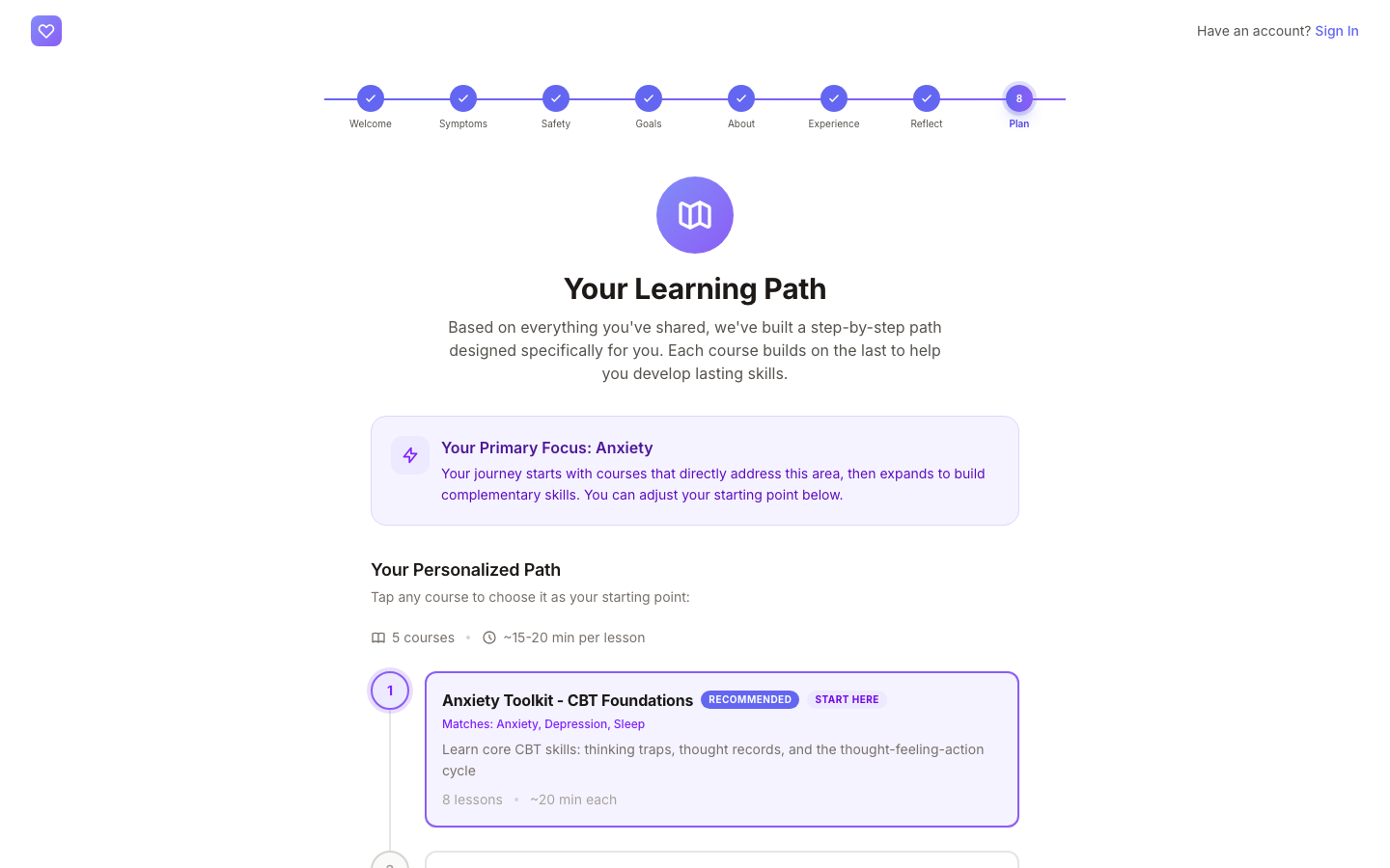 Digital Wellness Academy GAD-7 and PHQ-9 self-assessment: mental health screening tool with scored results on digital therapy platform