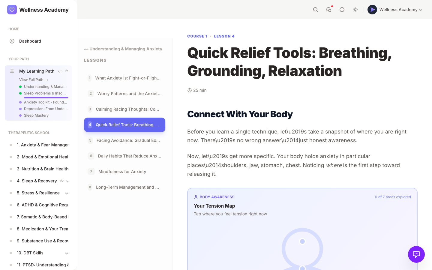 Digital Wellness Academy interactive lesson: mental health app with guided breathing exercise and CBT thought record