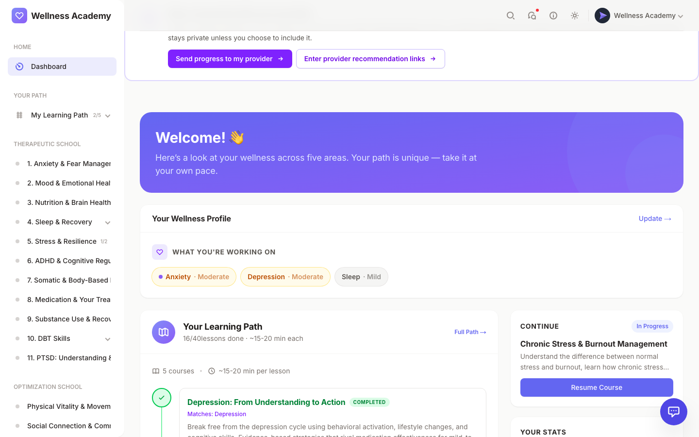 Digital Wellness Academy mood check-in dashboard: mental health app showing progress across anxiety mood sleep stress and brain health
