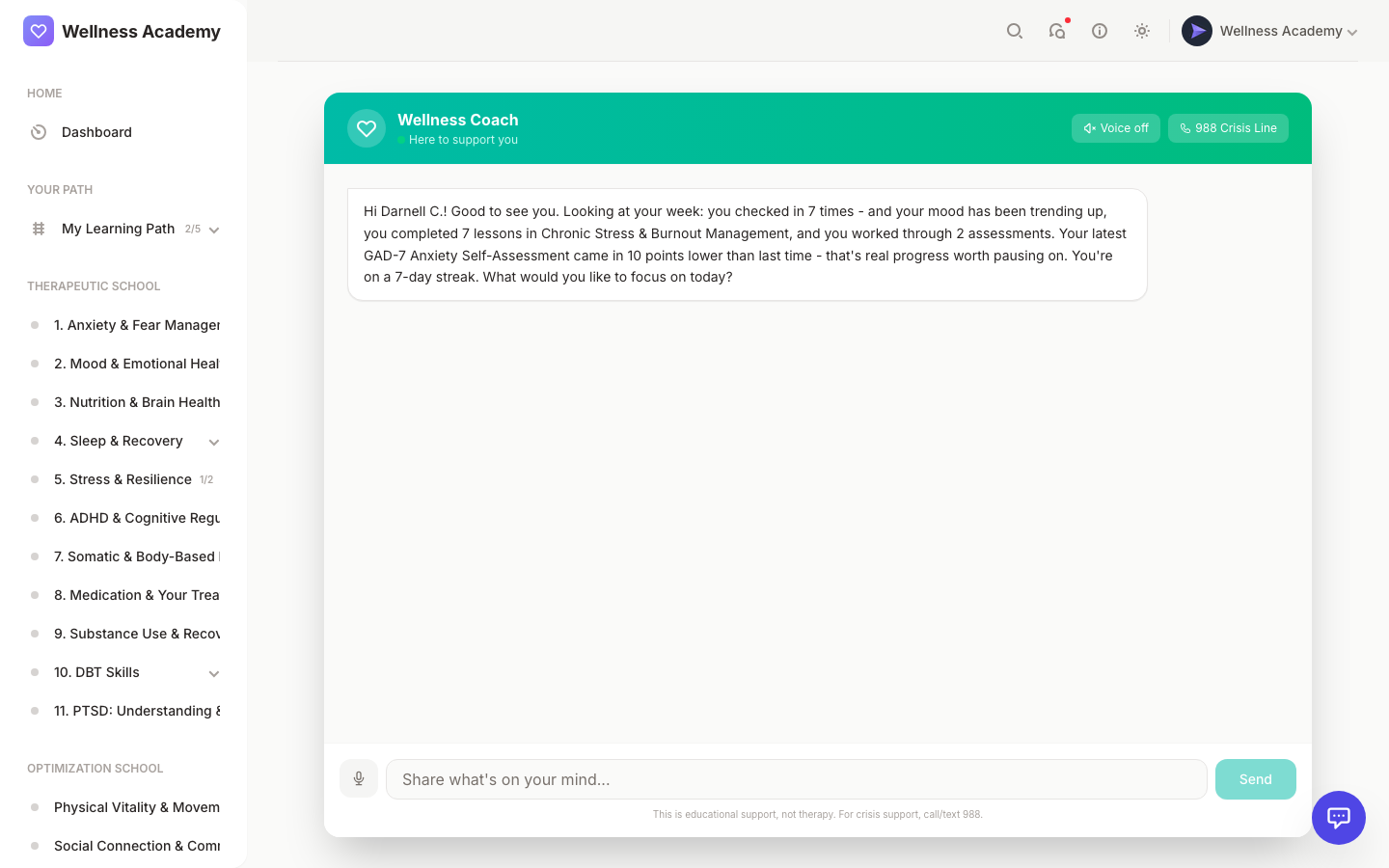 AI wellness coach chatbot on the Digital Wellness Academy mental health platform helping apply therapeutic skills between sessions