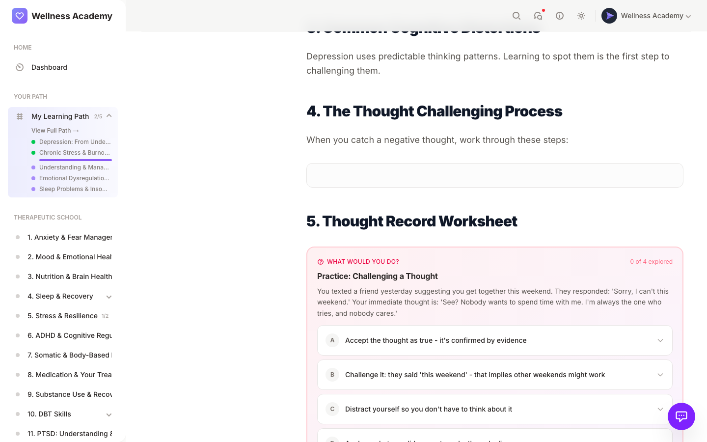 Digital Wellness Academy guided CBT thought record: mental health journaling tool for challenging automatic negative thoughts
