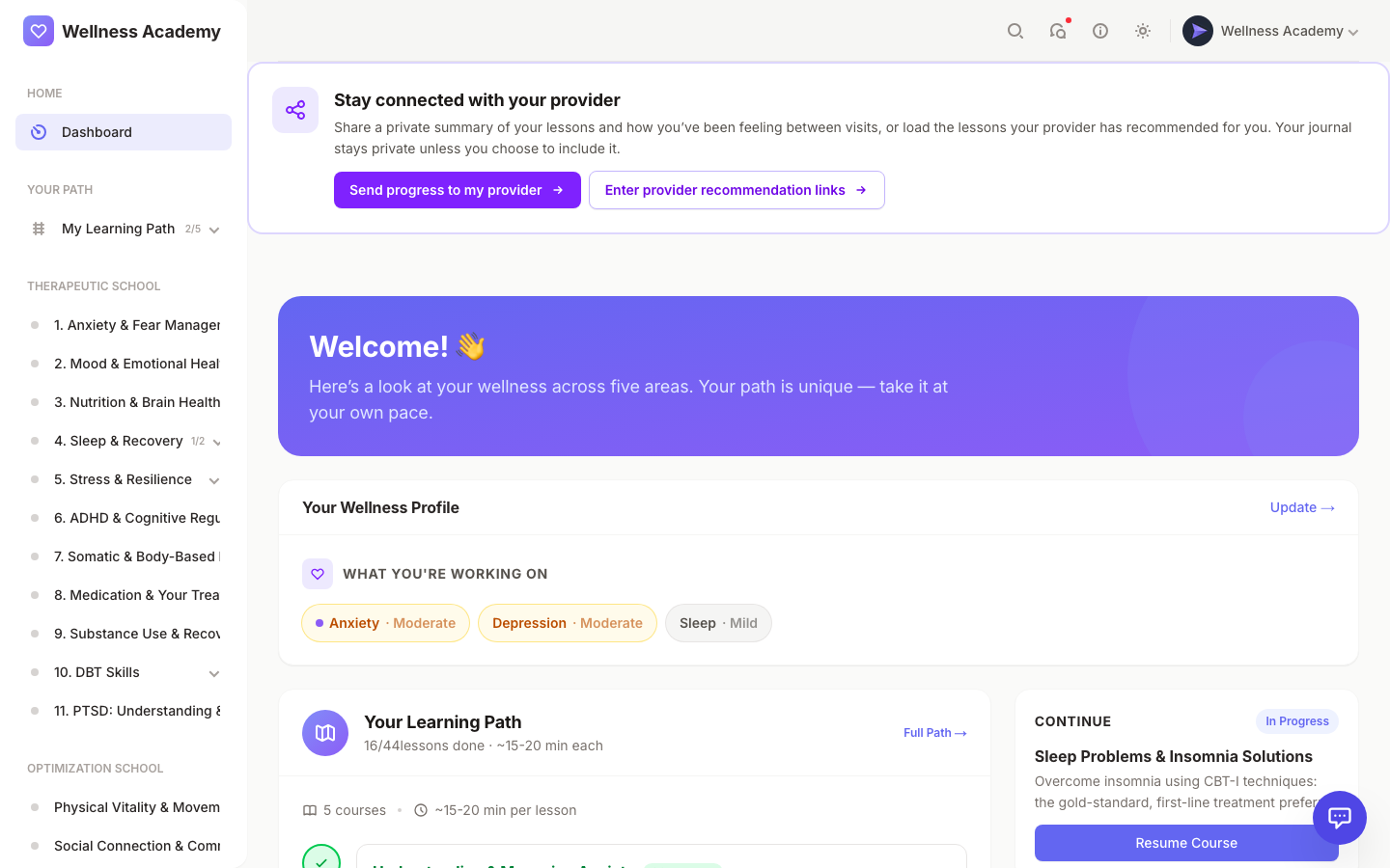 Digital Wellness Academy progress dashboard: mental health app showing assessment trends, PHQ-9 GAD-7 mood trajectory, and course completion on a HIPAA-compliant platform