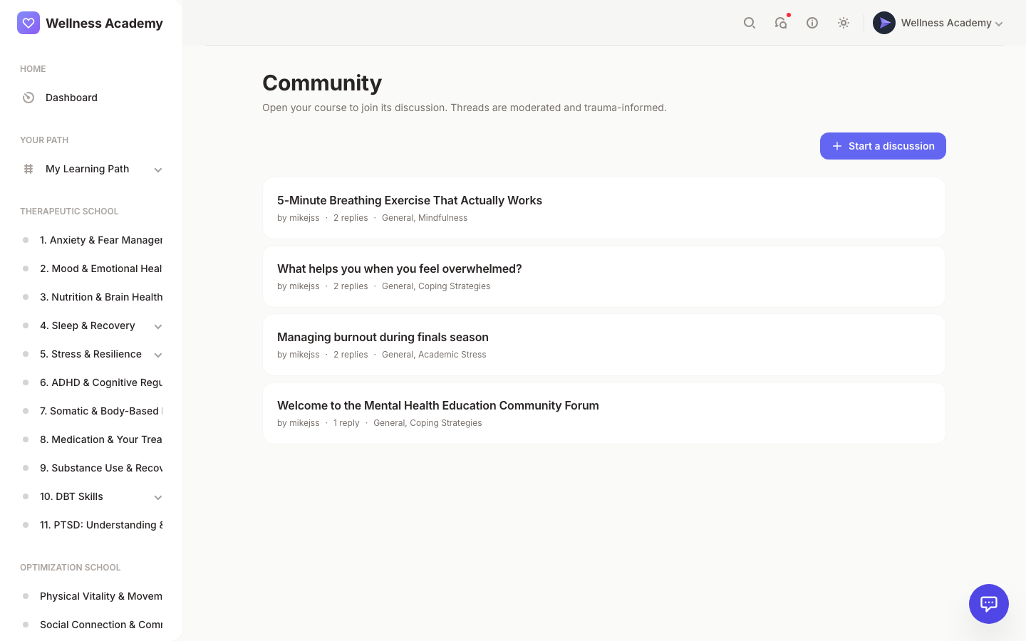 Digital Wellness Academy moderated peer community: mental health app support group for accountability