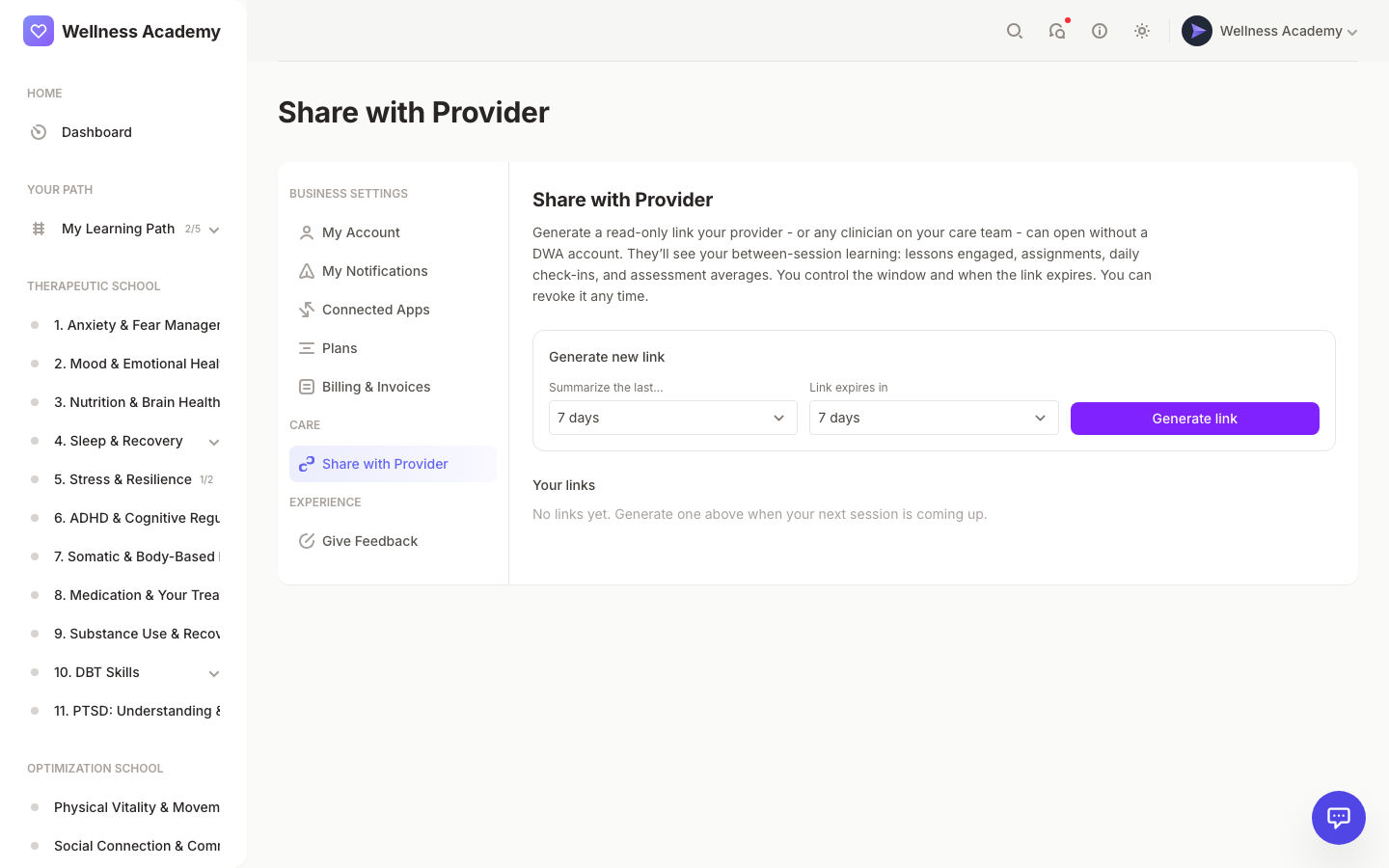 Digital Wellness Academy patient-controlled care share: mental health app sharing progress with provider