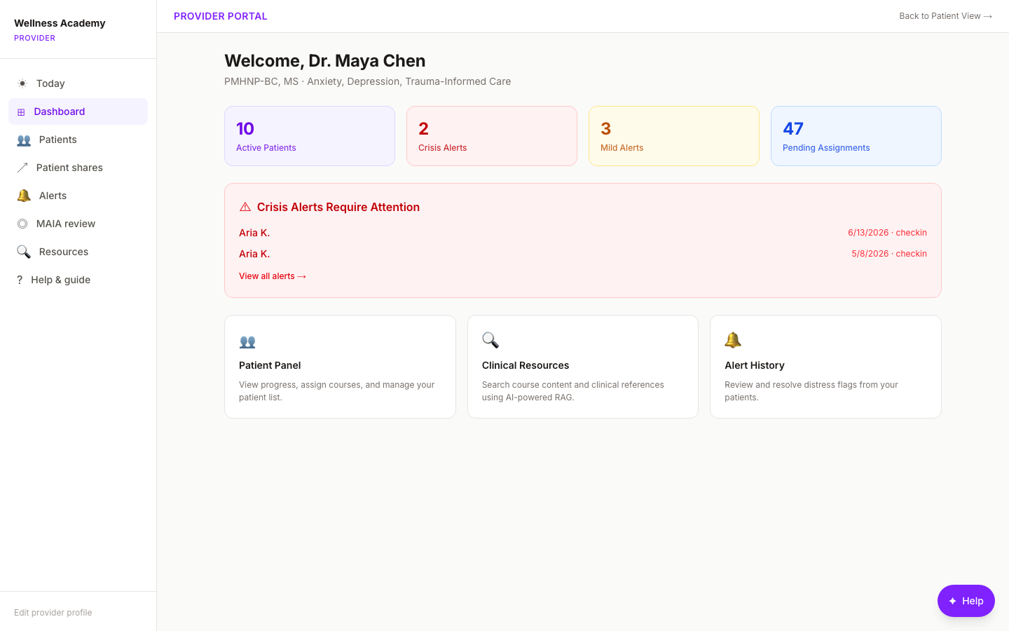Digital Wellness Academy group oversight dashboard: HIPAA-compliant mental health platform showing active patient crisis alerts and risk-prioritized panel for enterprise workforce wellbeing