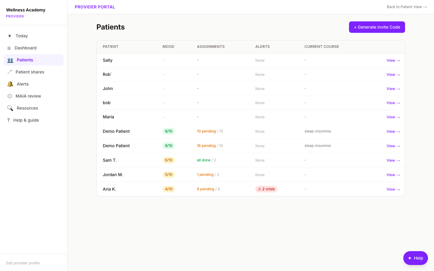 Digital Wellness Academy patient roster: mental health practice management table with mood progress alerts and assignments