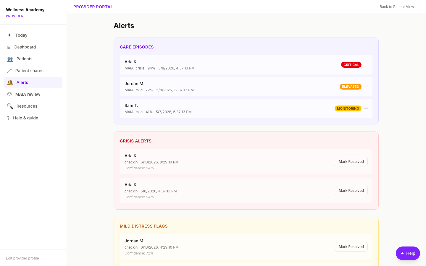 Digital Wellness Academy organization-wide distress alerts: MAIA safety classifier crisis queue for enterprise mental health