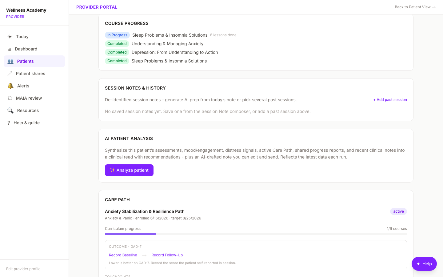 Digital Wellness Academy AI patient analysis: clinical decision support synthesizing GAD-7 assessment and mood data for providers