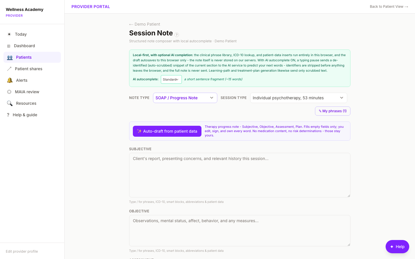 Digital Wellness Academy SOAP session note composer with AI auto-draft from patient data for mental health providers