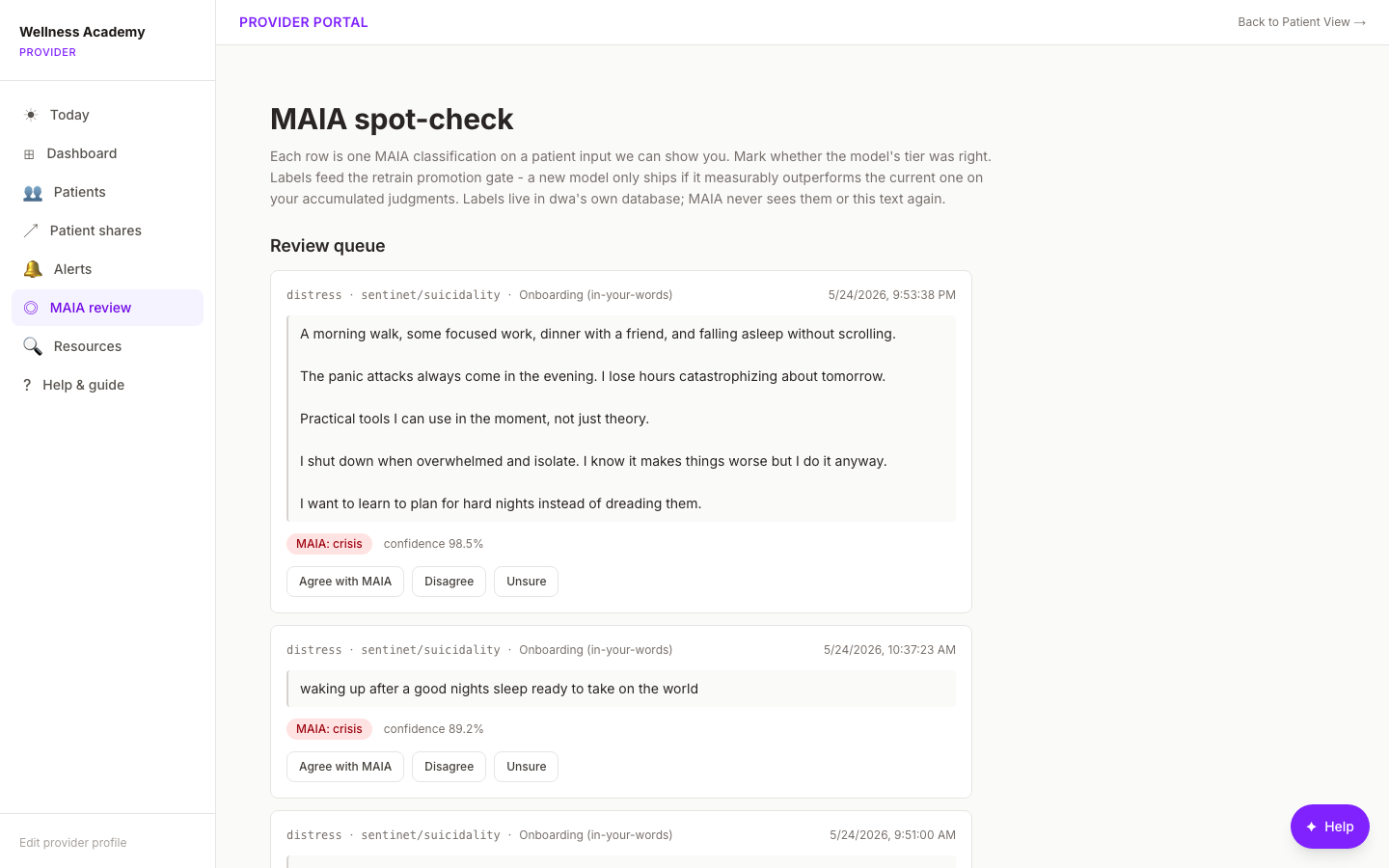 Digital Wellness Academy MAIA spot-check review: AI safety classifier quality assurance for enterprise mental health platform