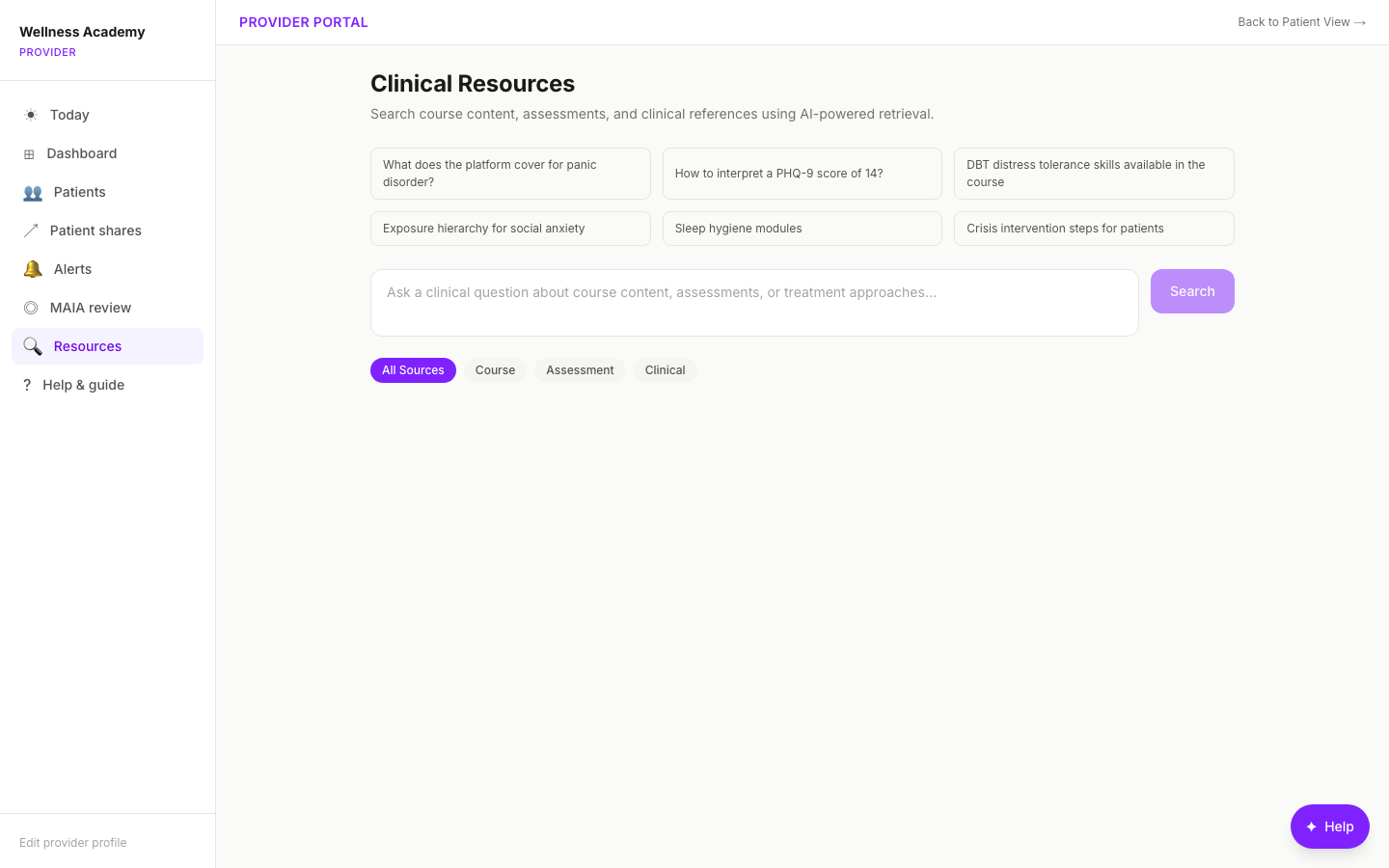 Digital Wellness Academy clinical resources search: AI-powered retrieval across courses assessments and references for mental health providers