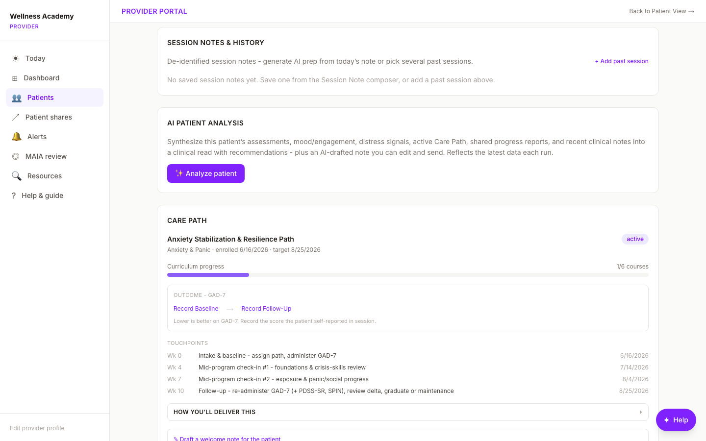 Digital Wellness Academy care plan with GAD-7 outcome tracking and curriculum progress
