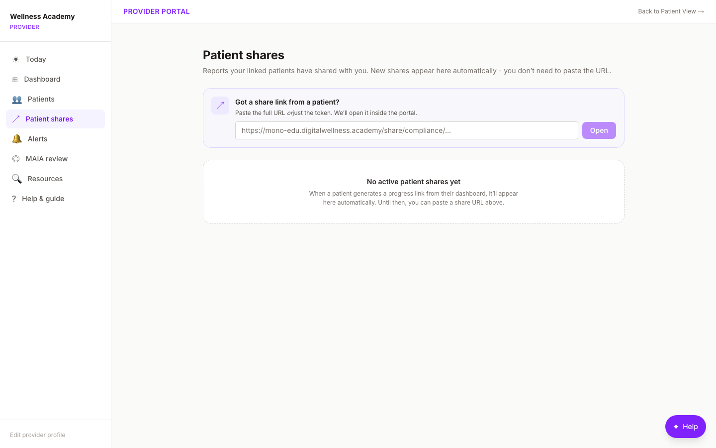 Digital Wellness Academy patient compliance share: read-only progress reports for provider review